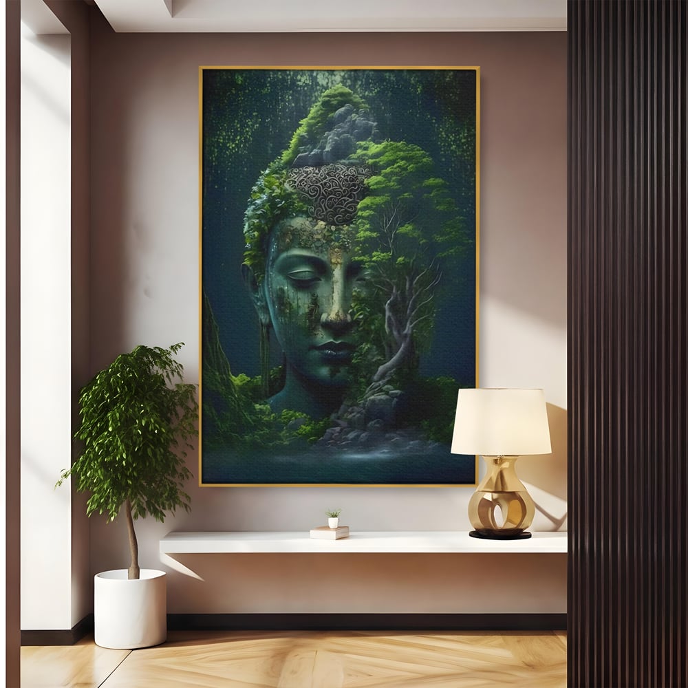Tablou canvas cu tablou canvas cu cap de buddha imbracat in vegetatie, in rama de aluminiu auriu